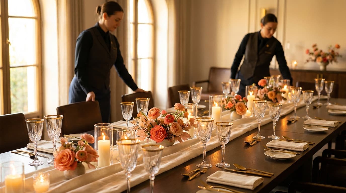Restaurant private dining room with a candlelit table set for a celebration as staff prepare it in golden evening light