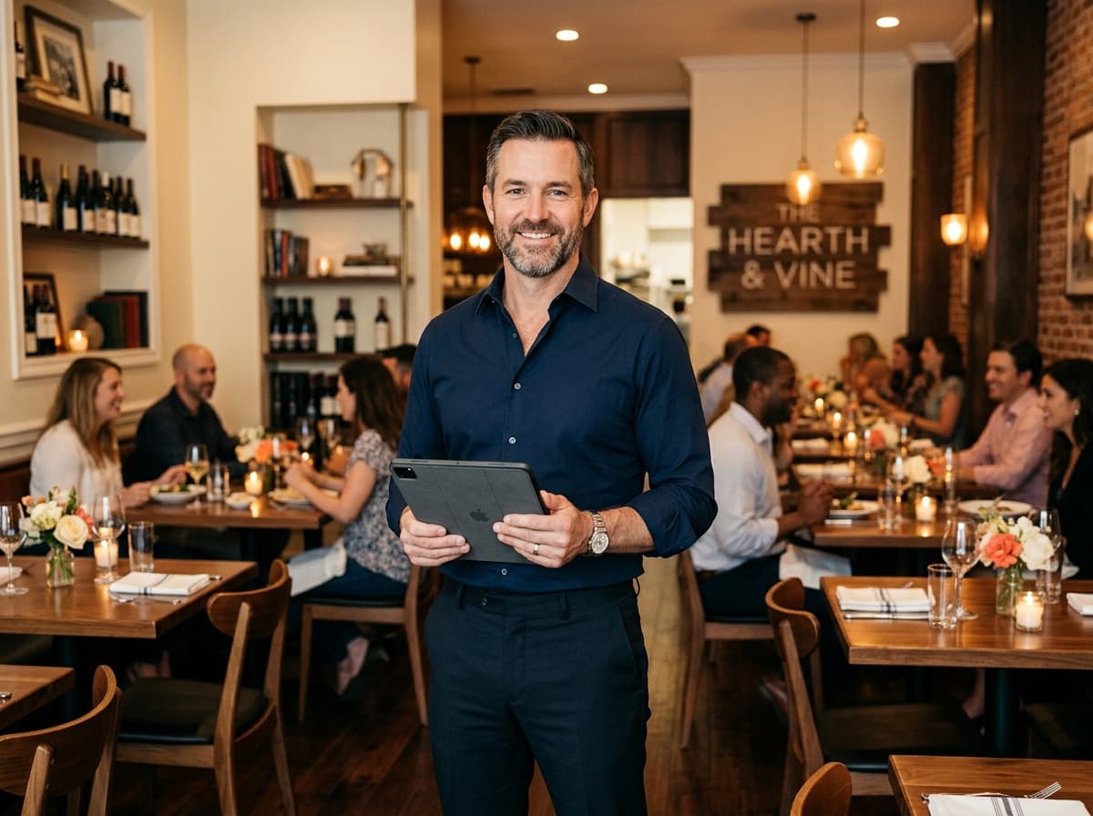 Restaurant owner at the host stand reviewing the evening's reservations