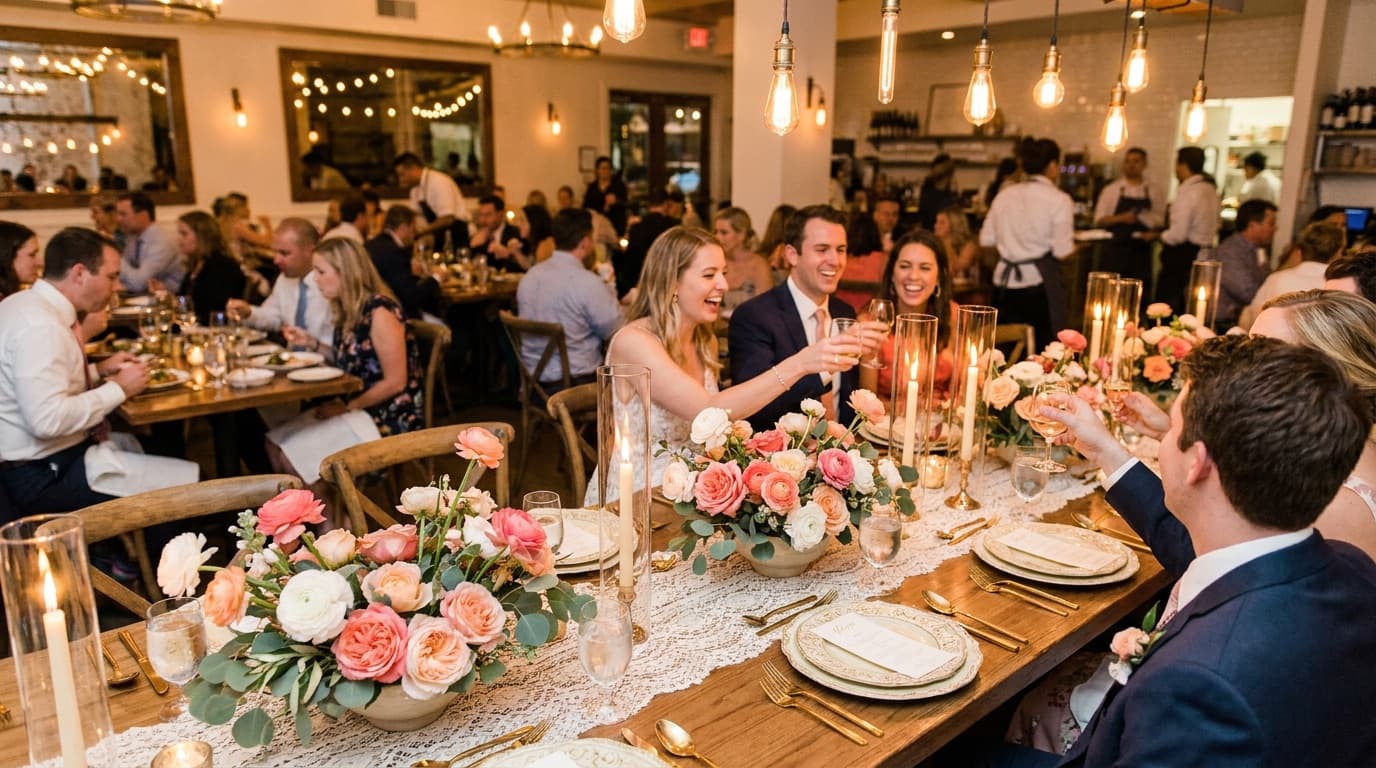 Guests toasting at a long candlelit private celebration table while a restaurant dining room is in full service behind them